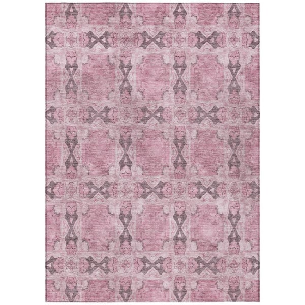 Pink 5 ft. x 8 ft. Woven Floral;Medallion Rectangle Indoor/Outdoor Area Rug