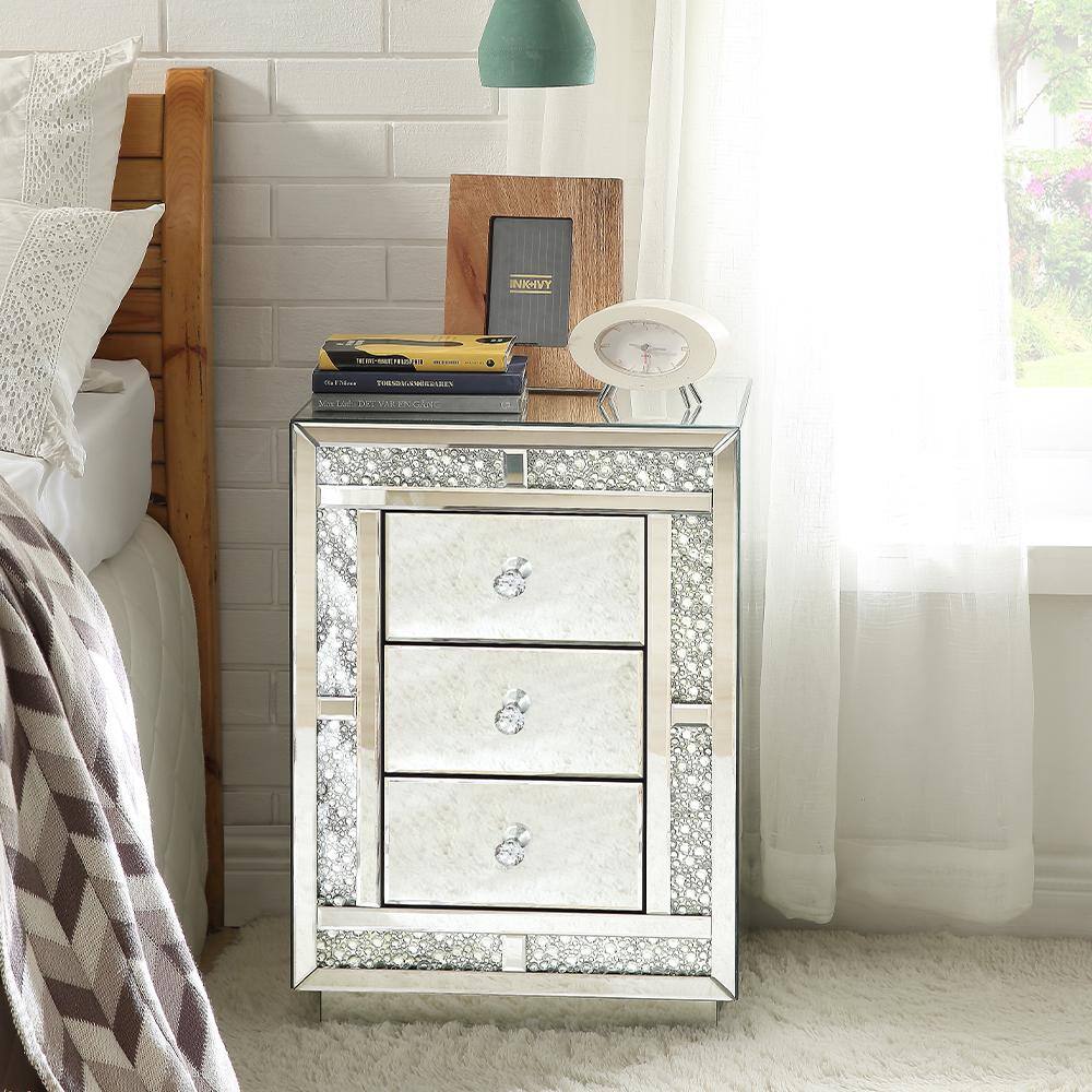 Mallika Mirrored 3-Drawer Accent Table with Faux Crystals