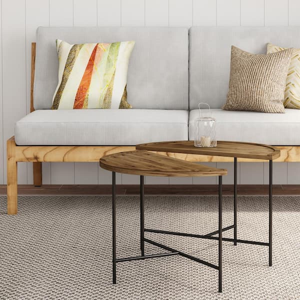 Lavish Home 2-Piece 24 in. Weathered Oak/Black Medium Half-Circle Wood Coffee Table Set with Nesting Tables