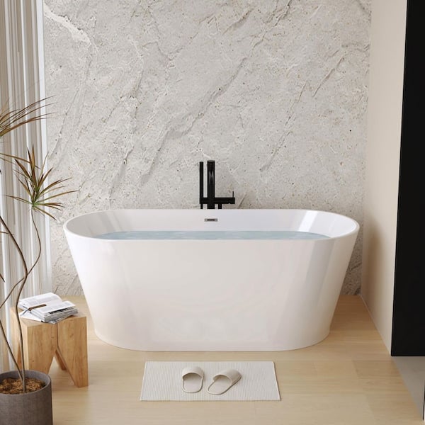 59 in. x 29.5 in. Acrylic Soaking Freestanding Bathtub with Chrome Drain in Glossy White