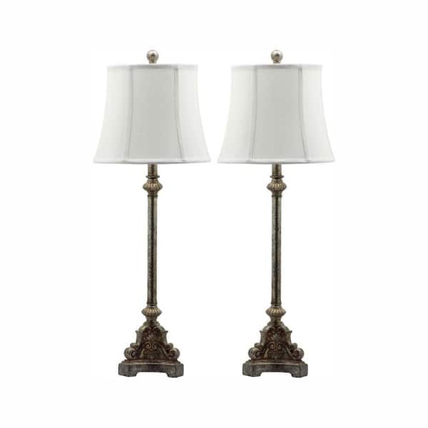 SAFAVIEH Rimini Console 33.5 in. Antique Silver Candlestick Table Lamp with Off-White Shade (Set of 2)