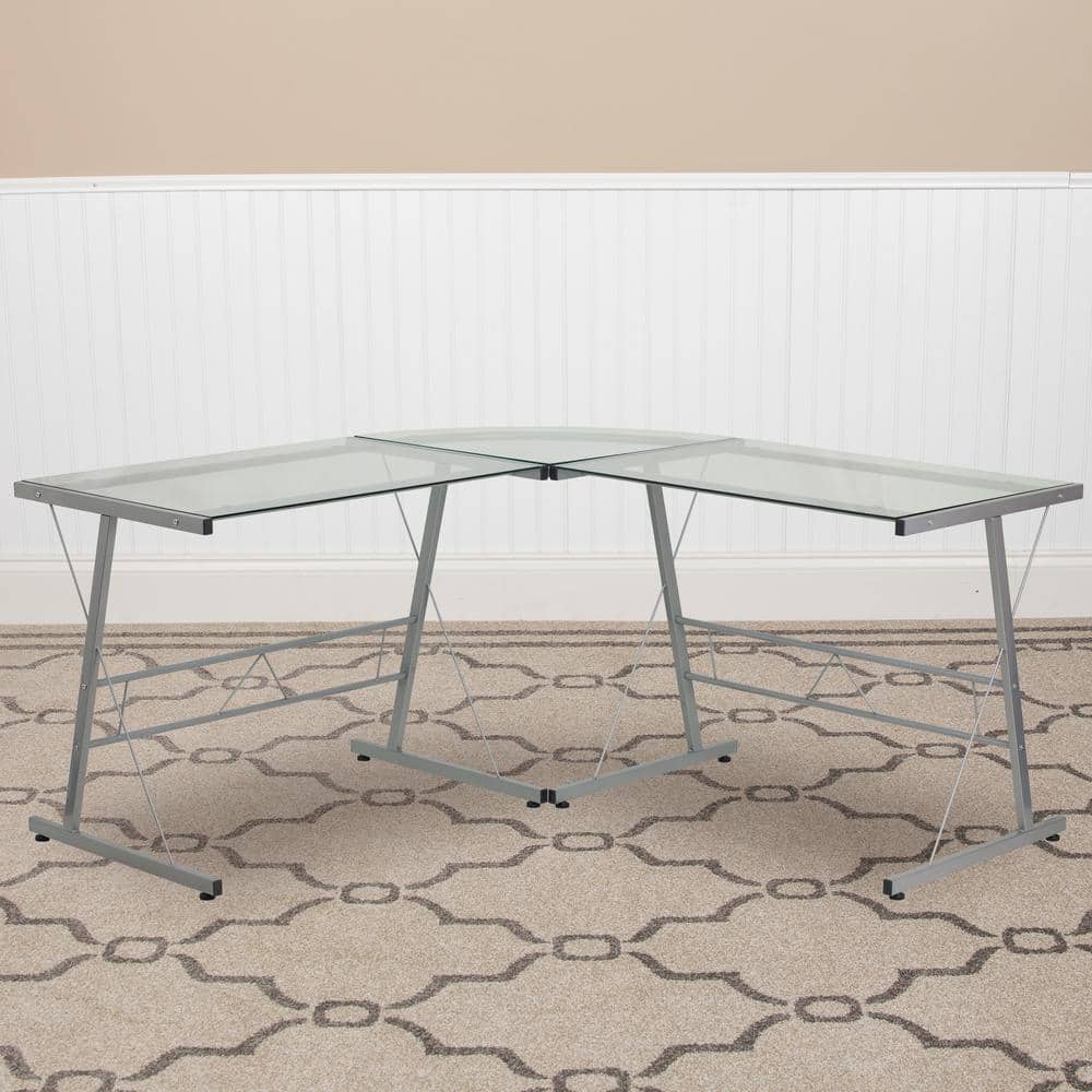 Carnegy Avenue 83.5 in. L-Shaped Clear/Silver Computer Desks with Glass Top