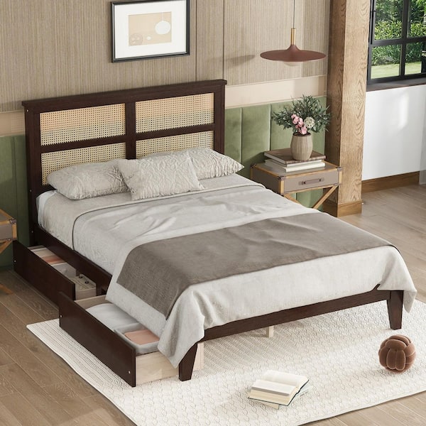 Noble House Elsie Espresso Brown Solid Wood Frame Full Platform Bed with Rattan Headboard and 2 Storage Drawers