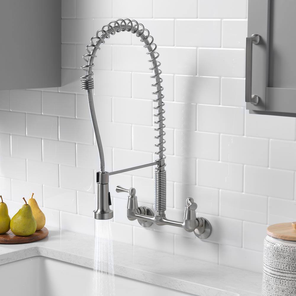 Stainless Steel Wall Mount Kitchen Faucet with Pull-Down Spray