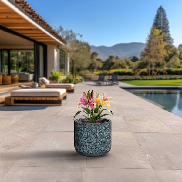 14 in. Medium Blue Patina (Enhanced Interior) Concrete Round Planter / Pot with Drainage Holes
