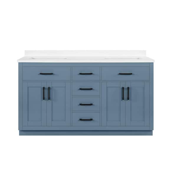 Bailey 60 in. Double Sink Blue Lagoon Bath Vanity with White Quartz Top and Integrated Power Outlet (Assembled)