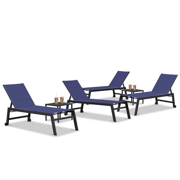 PURPLE LEAF 6-Pieces Aluminum Outdoor Chaise Lounge Patio Lounge Chair with Side Table and Wheels, Navy Blue