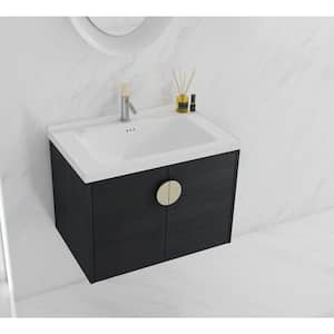 27.80 in. W Floating Wall-Mounted Bath Vanity in Black with White Ceramic Top