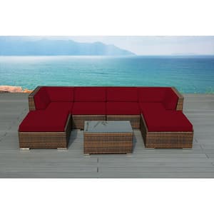 Ohana Mixed Brown 7-Piece Wicker Patio Seating Set with Sunbrella Jockey Red Cushions