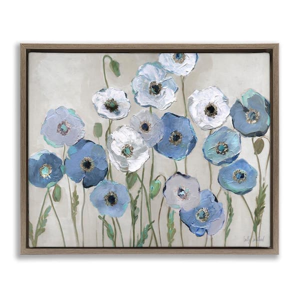 Stupell Industries Round Blue & White Poppies by Sally Swatland Brown Floater Frame Nature Graphic Art Print 25 in. x 31 in.