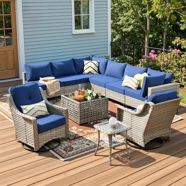 Reno 10-Piece Wicker All-Weather Outdoor Patio Sectional Furniture Set with Swivel Chairs and Navy Blue Cushions