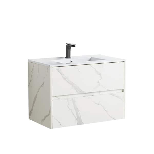 VANITYFUS 32 in. W x 18 in. D Bath Vanity in White Marble Grain with Vanity Top in White with White Basin