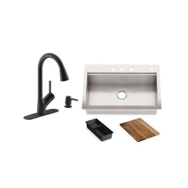 KOHLER Lyric Workstation 33 in. Dual Mount Stainless Steel Single Bowl Kitchen Sink with Setra Touchless Kitchen Faucet
