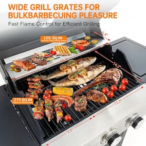 3-Burner Propane Gas Grill in Stainless Steel with Side Burner and Condiment Rack, and Built-in Thermometer