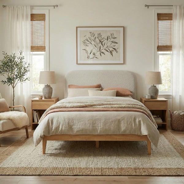 Abigail Gray Wood Frame Queen Platform Bed with Boucle Upholstered Headboard and Storage, USB and Type-C Charging