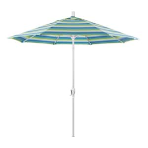 9 ft. White Aluminum Pole Market Aluminum Ribs Push Tilt Crank Lift Patio Umbrella in Seville Seaside Sunbrella
