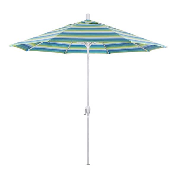California Umbrella 9 ft. White Aluminum Pole Market Aluminum Ribs Push Tilt Crank Lift Patio Umbrella in Seville Seaside Sunbrella