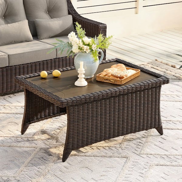 SPRUCE & SPRING Thaddeus 43.3 in. Brown Rectangle Faux Wood Grain Metal Top End Table with Fully Wrapped Edges