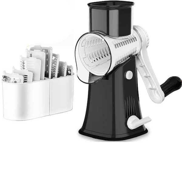 Black 5-in-1 Rotary Cheese Grater with 5 Interchangeable Blades for Slicing, Shredding, and Julienne Cutting