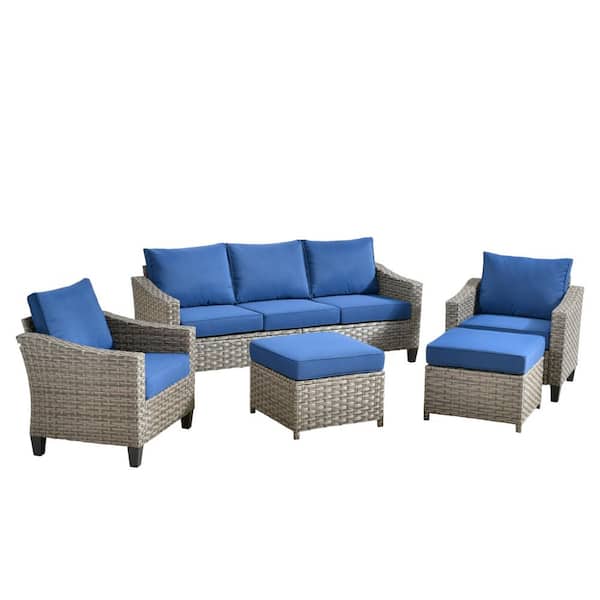 Bougainvillea 5 Pieces Wicker Outdoor Patio Conversation Seating Set with Navy Blue Cushions