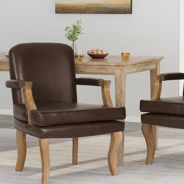 Noble House Ardson Dark Brown Faux Leather and Natural Brown Wood Upholstered Dining Chair