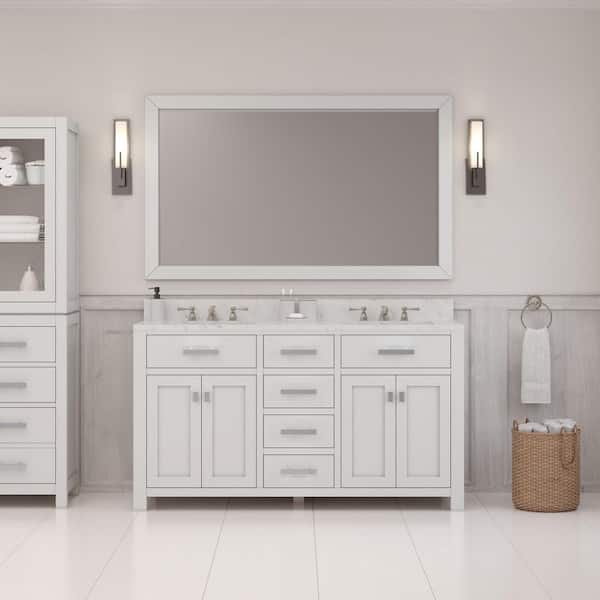 Madison 60 in. W x 21.5 in. D x 34 in. H Double Sink Bath Vanity in Pure White with Carrara White Marble Top and Mirror