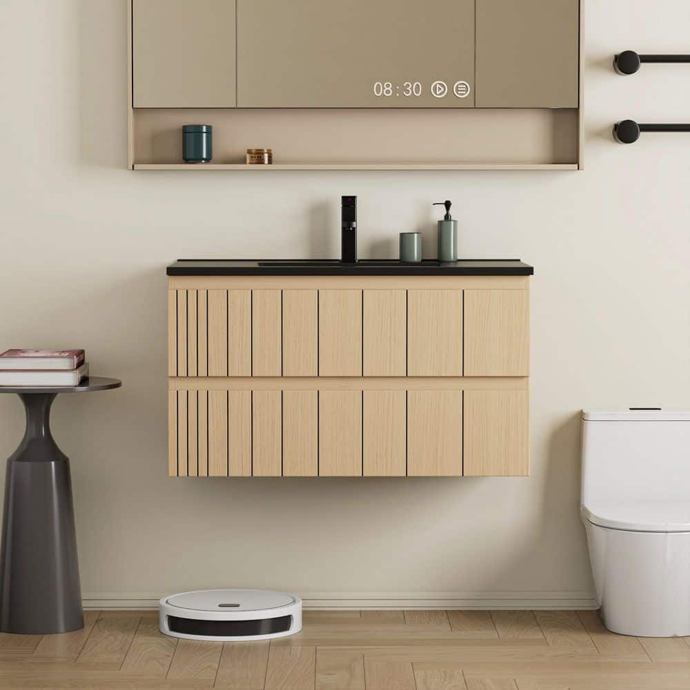 36 in. W x 17.7 in. D x 19.7 in. H Single Sink Floating Oak Bath Vanity with Black Integrated Composite Resin Top price history on PriceWatchPro