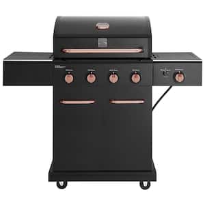 4-Burner Propane Gas Grill with Side Searing Burner in Black with Copper Accent