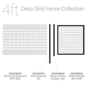 50in H Deco Grid Black Steel Fence Post with Flange, Cap, and Clips
