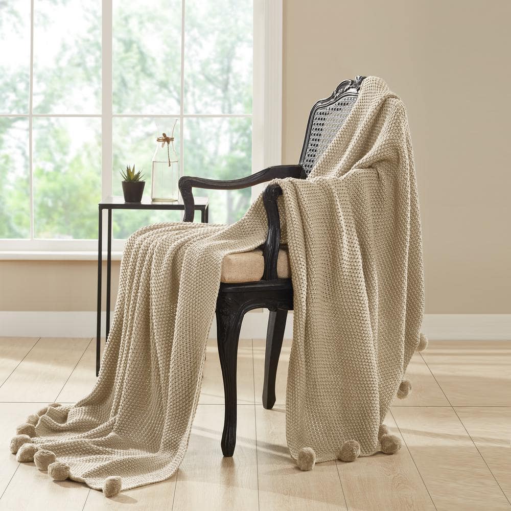MODERN THREADS Sand Cable Knit Throw with Pom Poms-5CBLSSPE-SND-ST ...