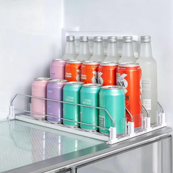 Wudkey Drink Organizer for Fridge, Width Adjustable Water Bottle Pusher Glide, Self-Pushing Soda Can Dispenser for Refrigerator