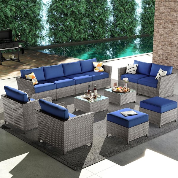 XIZZI Jasmine 12-Piece Wicker Outdoor Sectional Set with Navy Blue Cushions