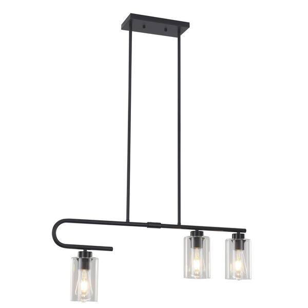 ZJVAIVE 3-Light Black Modern J-Type Hanging Linear Chandelier Lighting Fixture with Glass Shade for Kitchen Island