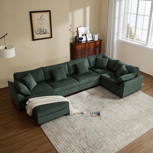 Morden Fort 150 in. Modular Cloud Couch Corduroy U-Shaped Sectional Sofa with Storage for Living Room Apartment Office Green