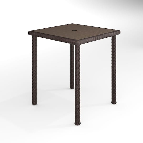 Bedford Brown Rattan Wicker 37 in. Square Indoor-Outdoor Patio Bar Height Table with Engineered Wood Top