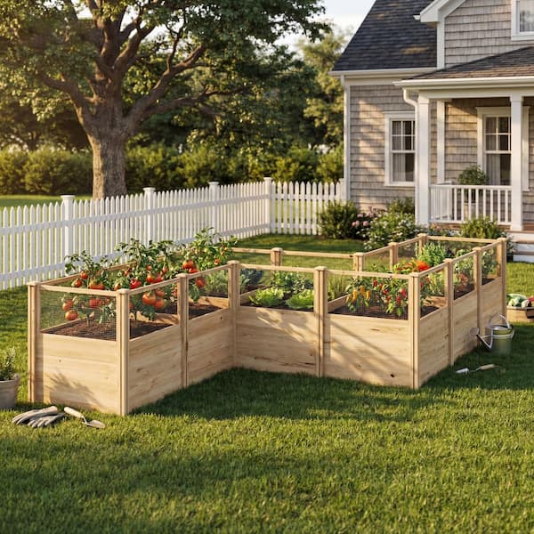 Garden 95.3 in. L x 95.3 in. W x 34.2 in. H L-Shaped Outdoor Cedar Wood Planter Box Set with Mesh Fencing, Mortise-Tenon