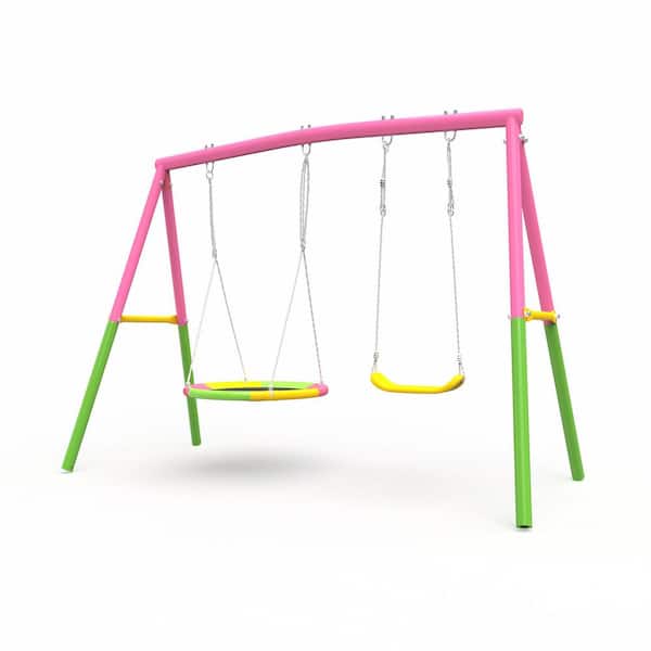 Sudzendf Pink Heavy-Duty A-Frame Steel Swing Set with 1 Saucer