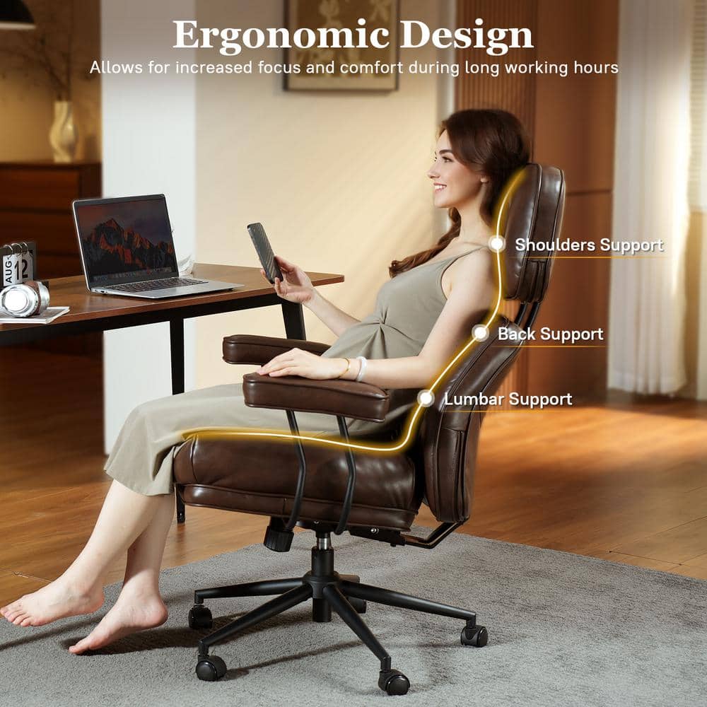 Kro PU Fabric Swivel Ergonomic Office Task Chair in Dark Brown with Recliner High Back Lumbar Support Adjustable Arms - Thumbnail 3