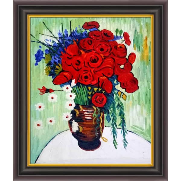 LA PASTICHE Vase with Daisies and Poppies by Vincent Van Gogh Opulent Framed Abstract Oil Painting Art Print 26 in. W. x 30 in.