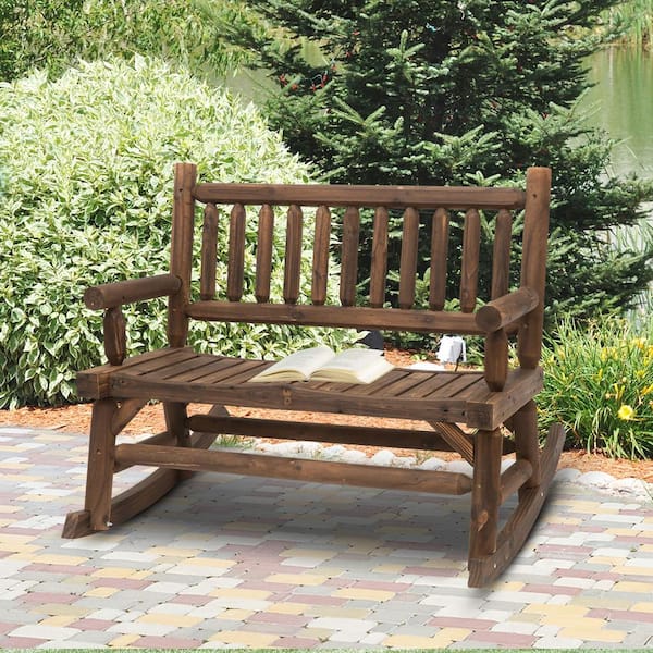 Folding Wood Outdoor Bench Acacia Garden Bench 2-Person Loveseat Chair With Curved Backrest & Armrest