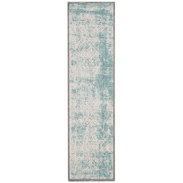 Passion 2 ft. x 20 ft. Turquoise/Ivory Distressed Border Runner Rug