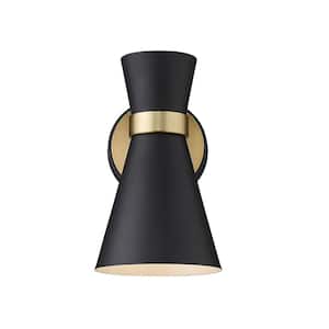 1-Light Matte Black and Heritage Brass Wall Sconce with Matte Black Metal Shade
