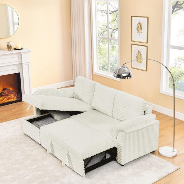 J&E Home 90.15 in. W Beige Corduroy Fabric Full Size 3-Seat Sofa Bed with Storage Chaise