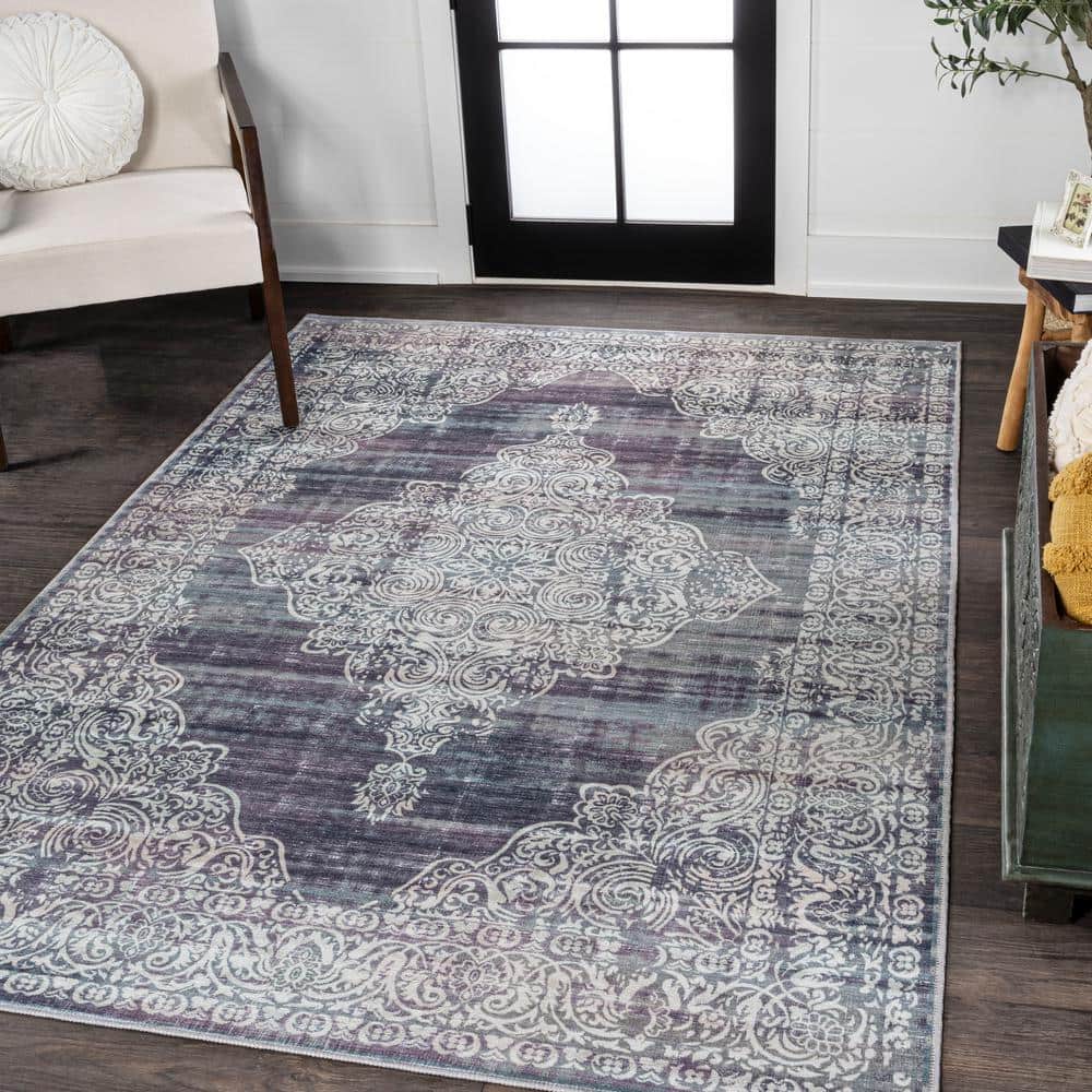 Regis Purple and Cream Medallion Washable Area Rug 8' x 10'