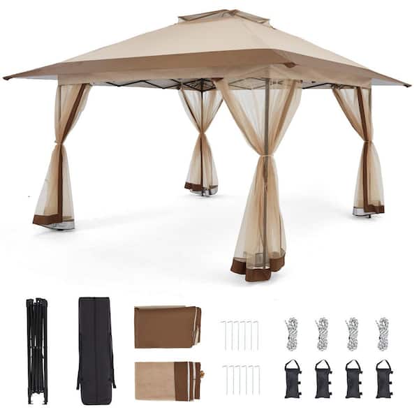 13 ft. x 13 ft. Khaki Pop-Up Gazebo Tent with Mosquito Netting