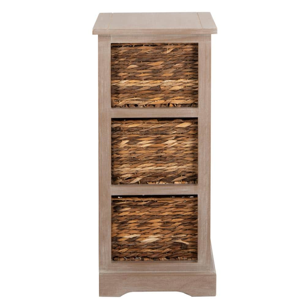 Transitional Brown Pine Wood Rectangular Side Table with 3 Wicker Baskets