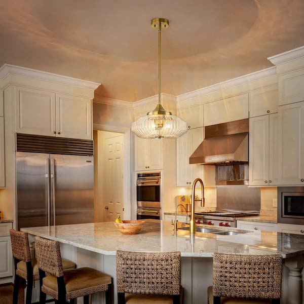 Corning 14 in. 2-Light Modern Brass Shaded Kitchen Pendant with Clear Ribbed Glass Shade