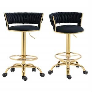 35.43 in Black Velvet Swivel Adjustable Metal Counter Bar Stools Chairs with Wheels Set of 2