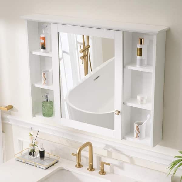 WELLFOR 42 in. W x 30 in. H Rectangular White Wood Surface Mount Medicine Cabinet with Mirror and Shelves, 1-Soft Close Door MED42YS1WT WELLFOR 42 in. W x 30 in. H Rectangular White Wood Surface Mount Medicine Cabinet with Mirror and Shelves, 1-Soft Close Door MED42YS1WT