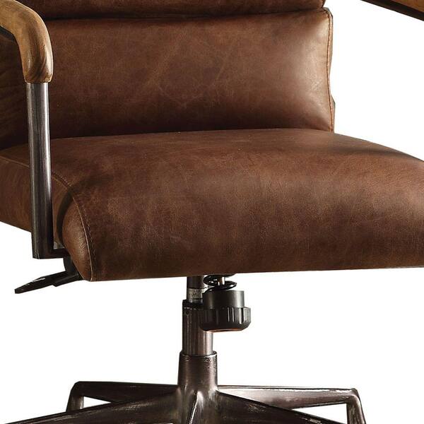Benjara Retro Brown Metal And Top Grain, Brown Leather Office Chair